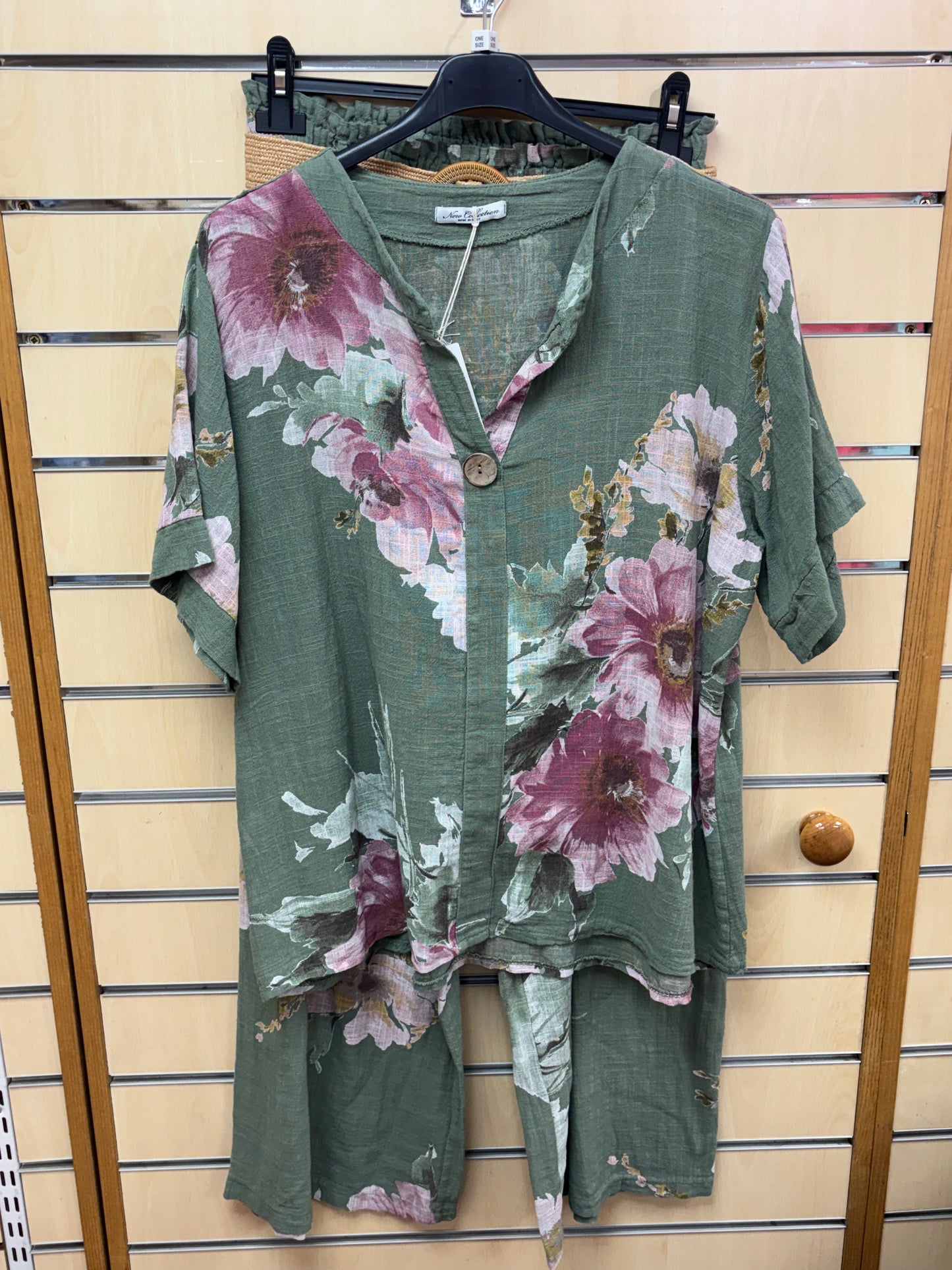 Cotton Floral Belted Set in Khaki