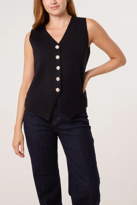 Gold Flower Button Knitted Waistcoat in Black