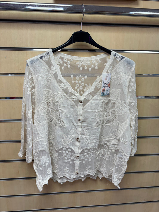 Scallop Edge Lace Cardigan in Beige