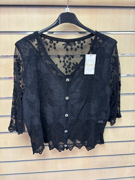 Scallop Edge Lace Cardigan in Black