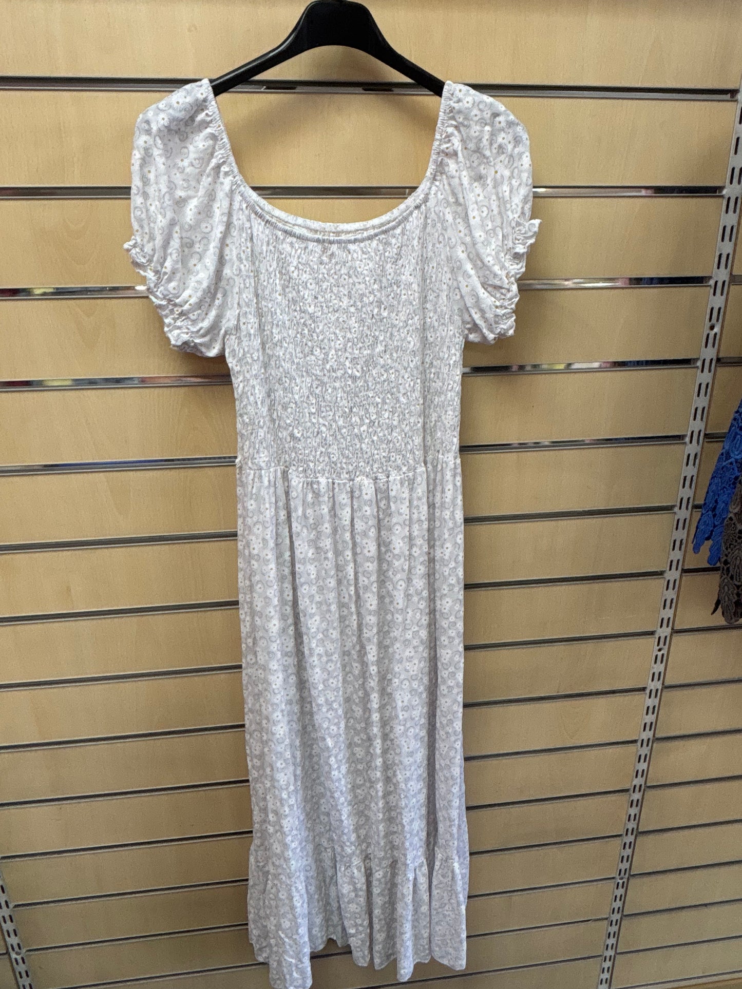 Floral Shirred Maxi Dress in Light Grey