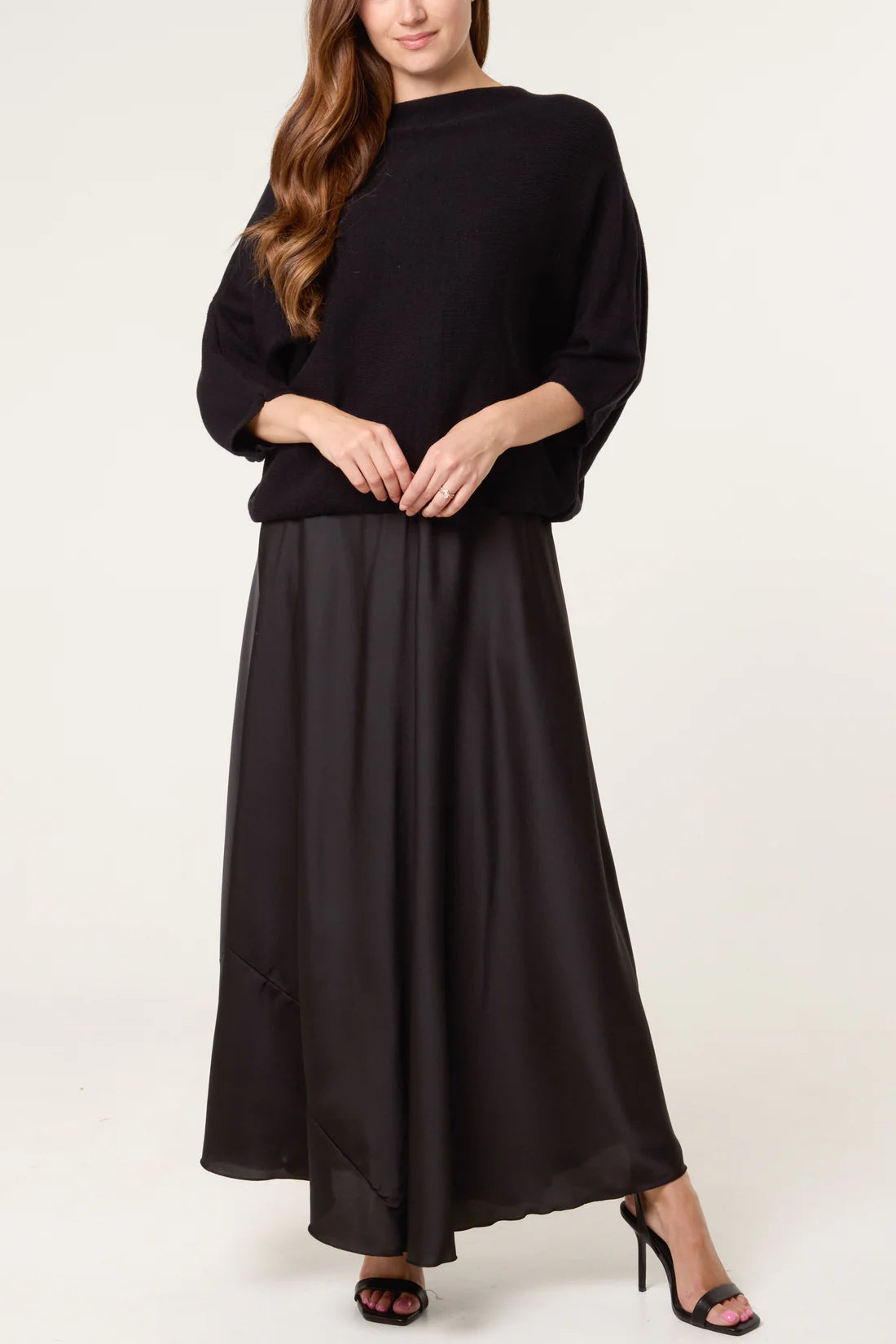 Open Knit Top and Satin Dress Set in Black