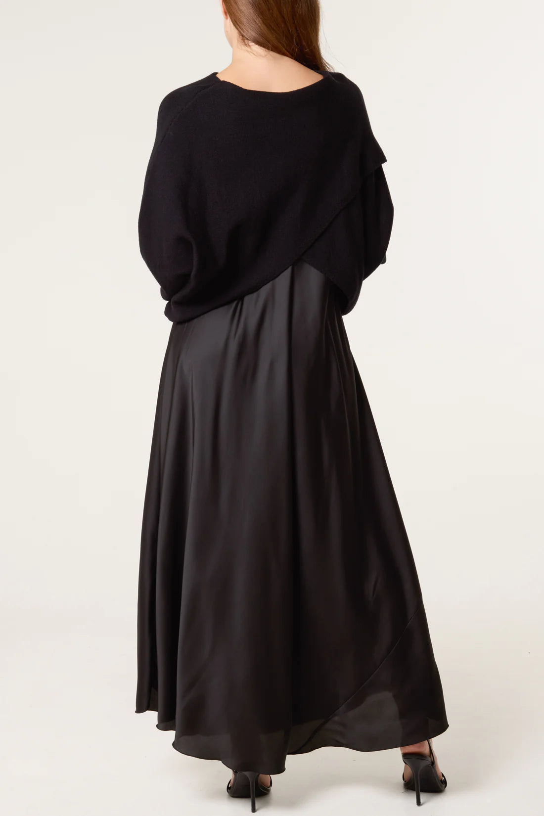 Open Knit Top and Satin Dress Set in Black