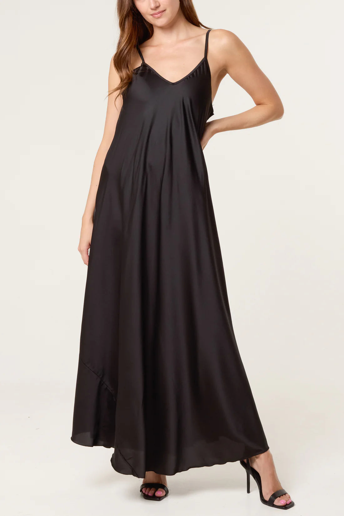 Open Knit Top and Satin Dress Set in Black