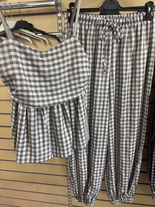 Gingham Top and Trouser Set in Taupe