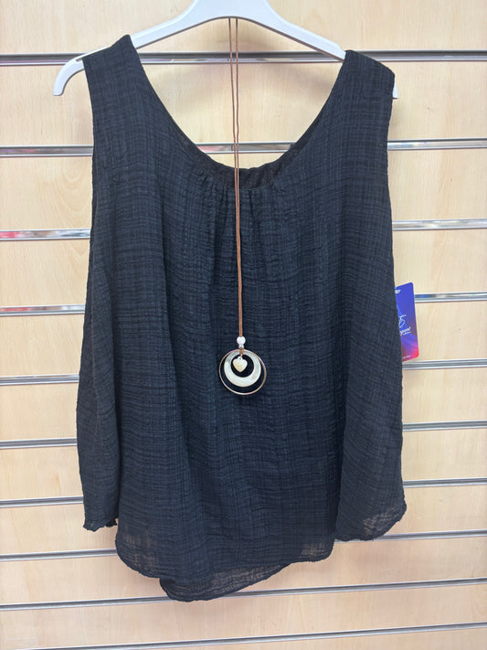 Cotton Vest Top with Necklace in Black