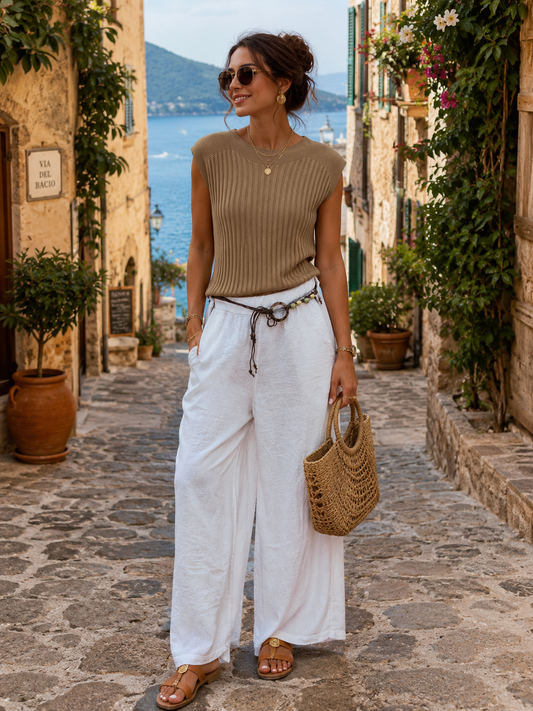 Belted Linen Trousers in White
