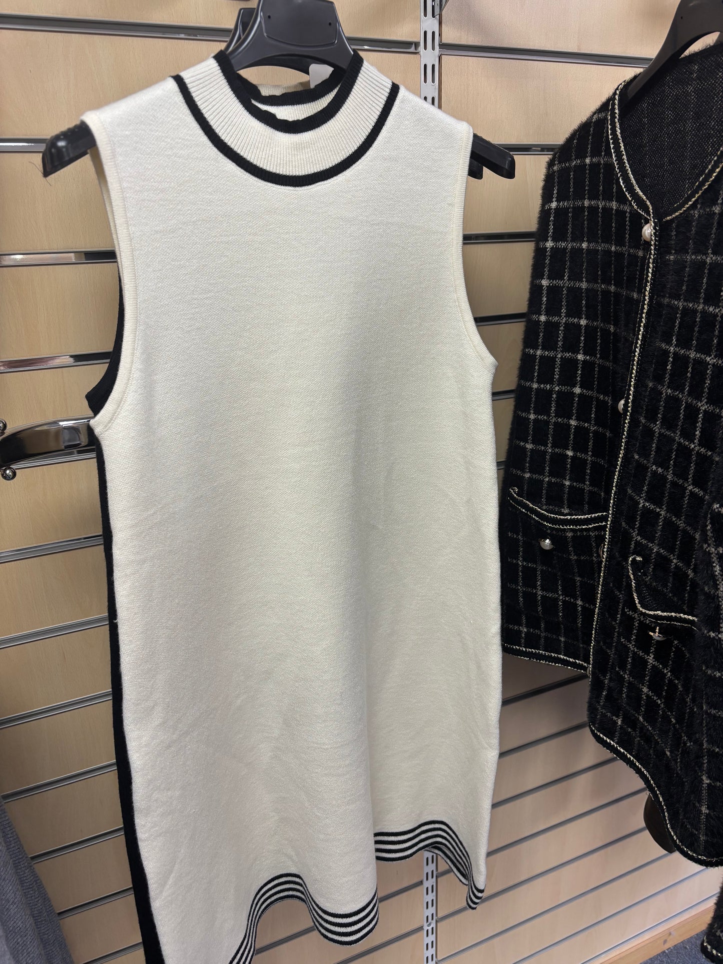 Knitted Sleeveless Dress with Contrast Trim in Cream