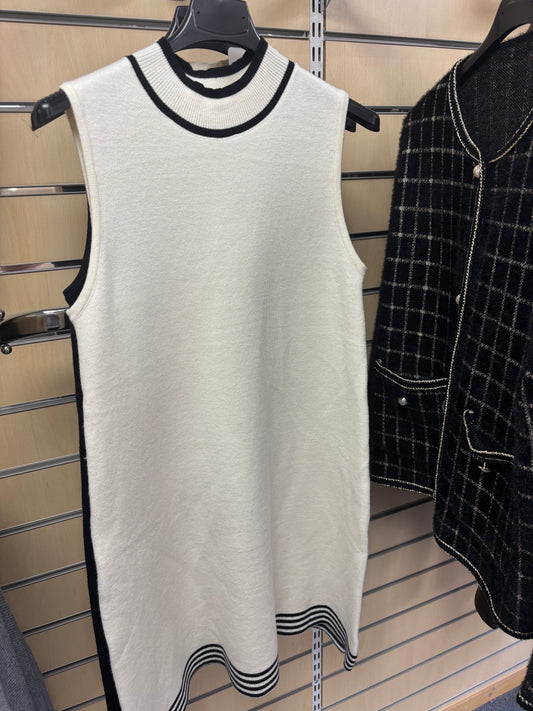 Knitted Sleeveless Dress with Contrast Trim in Cream