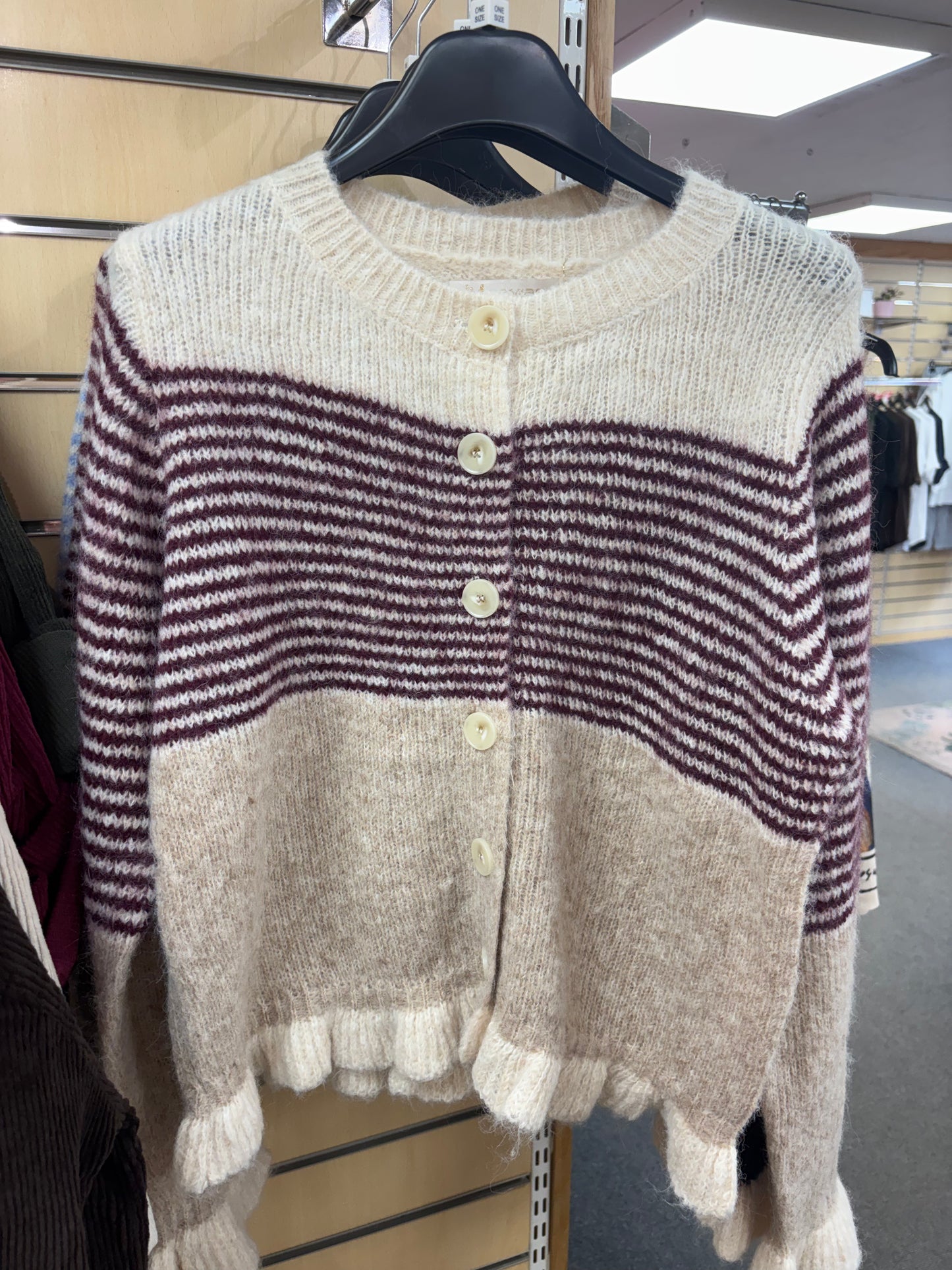 Stripe Wool Cardigan in Burgundy