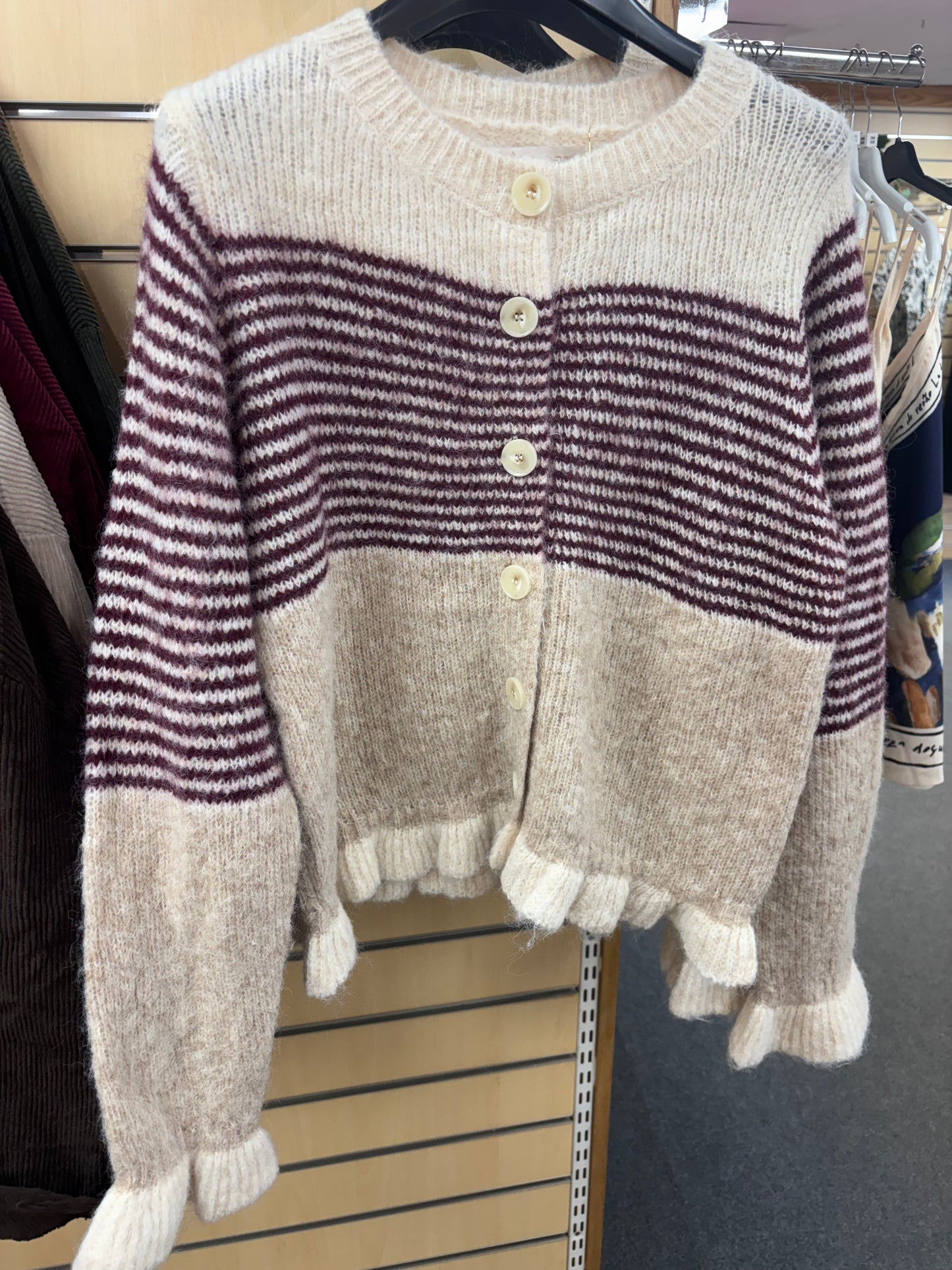 Stripe Wool Cardigan in Burgundy