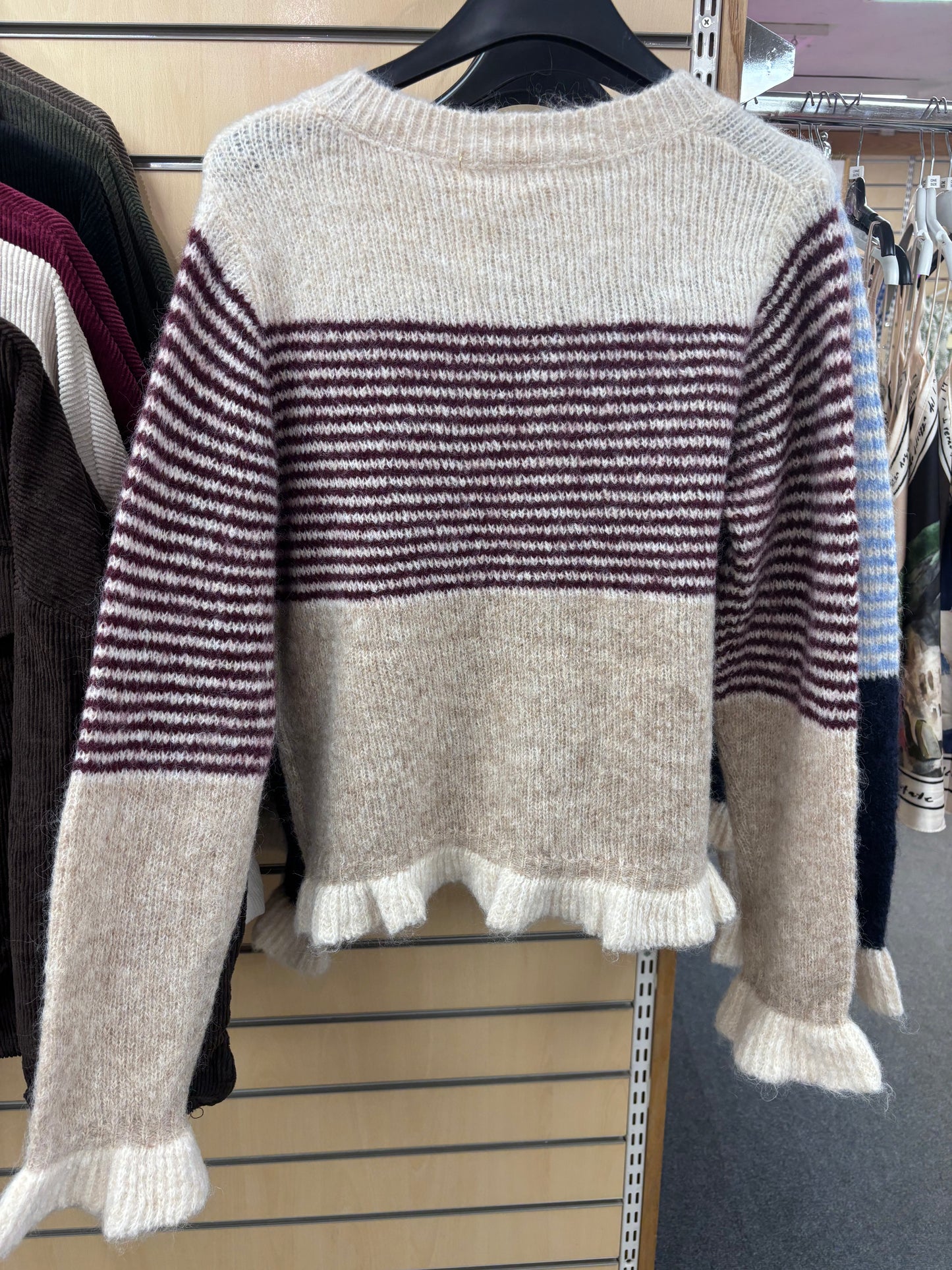 Stripe Wool Cardigan in Burgundy