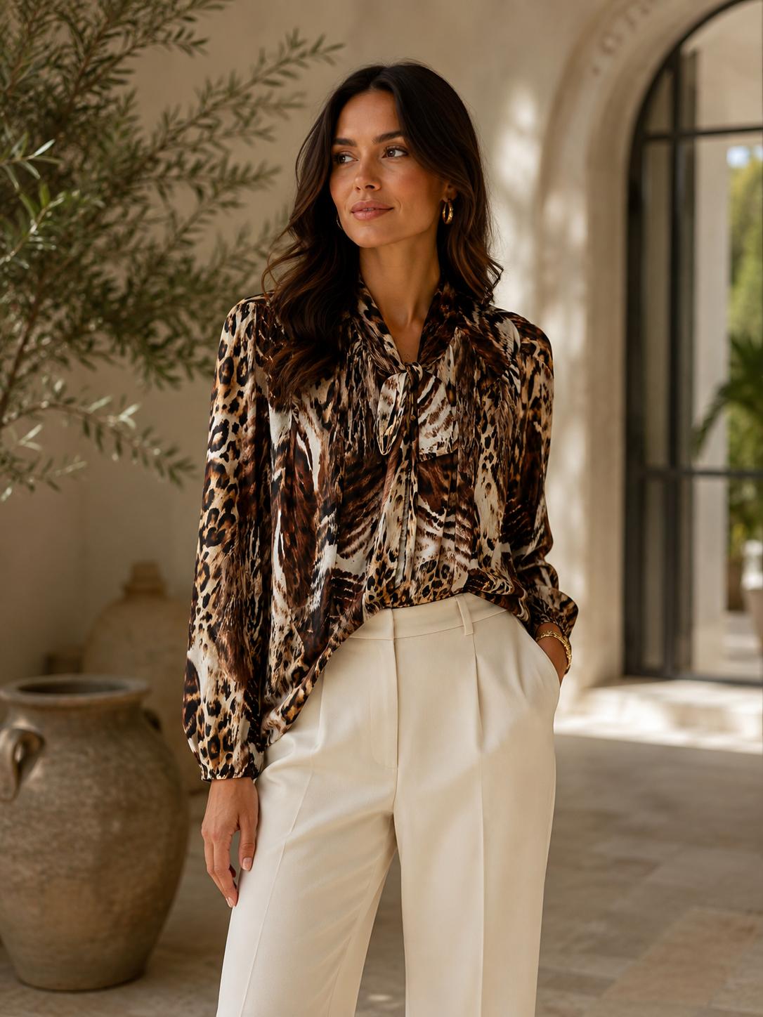 Animal Print Pussy Bow Shirt in Brown
