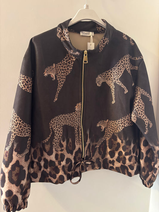 Suede Effect Leopard Bomber Jacket in Black
