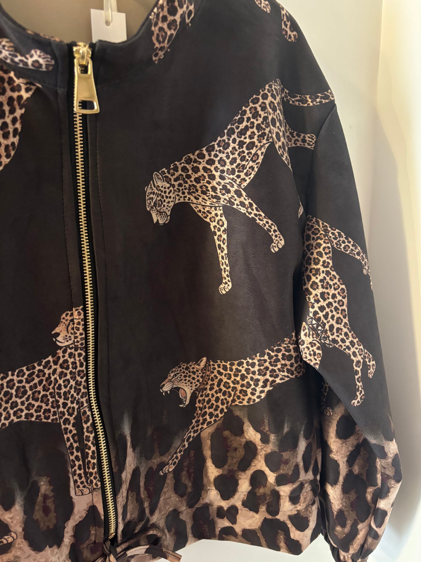 Suede Effect Leopard Bomber Jacket in Black