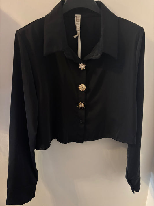 Black Cropped Shirt with Gold Buttons