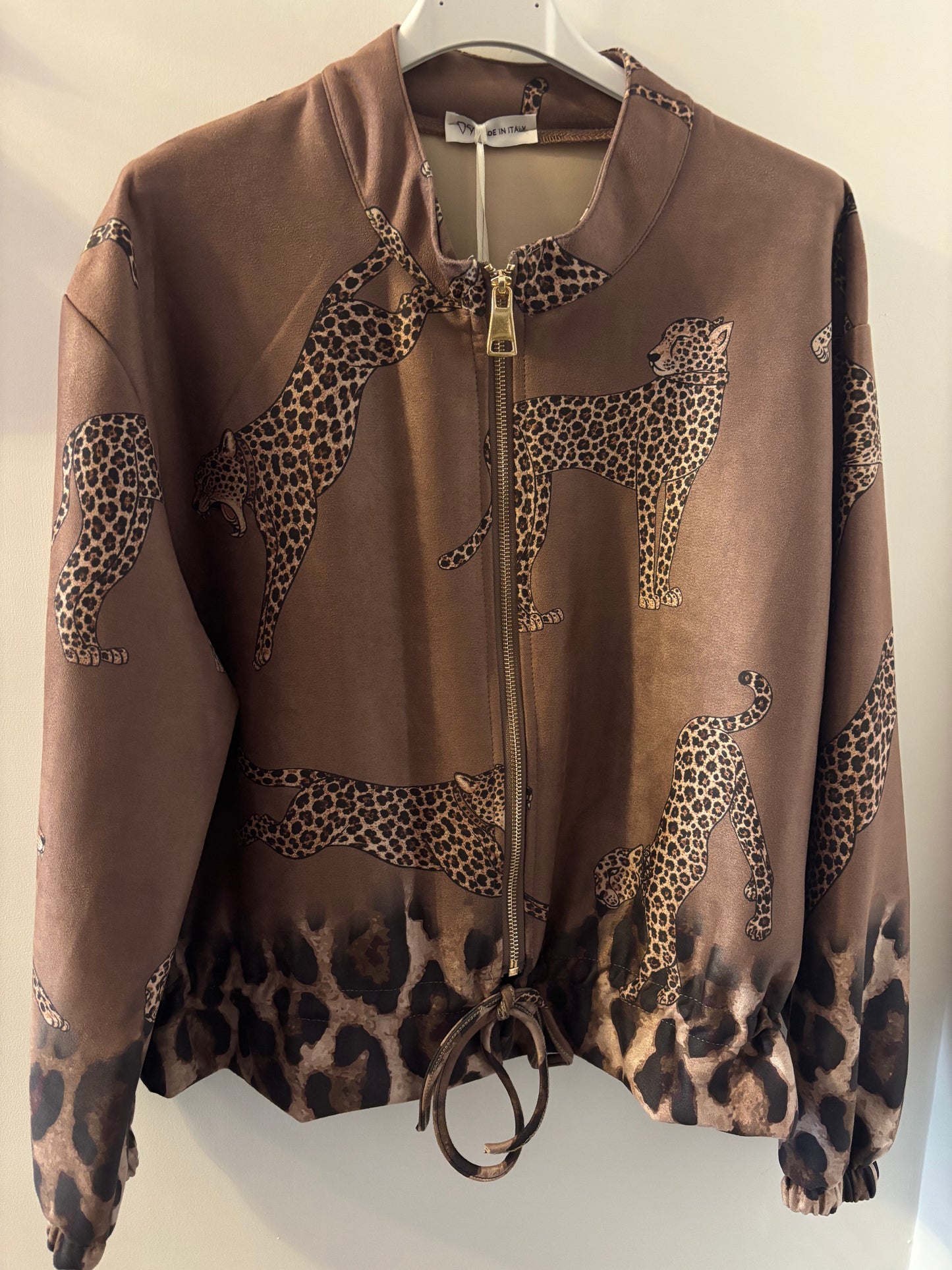 Suede Effect Leopard Bomber Jacket in Tan