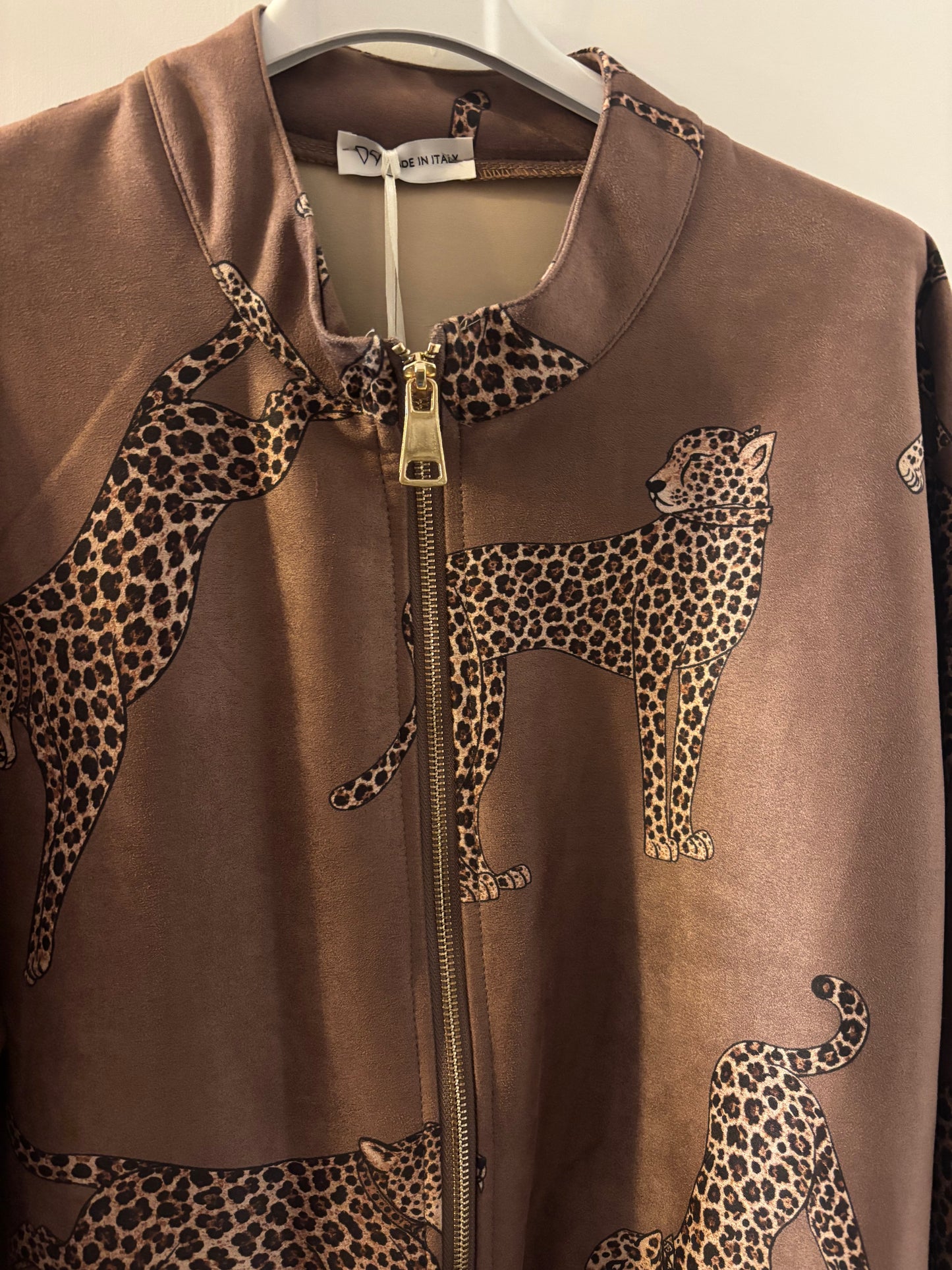 Suede Effect Leopard Bomber Jacket in Tan