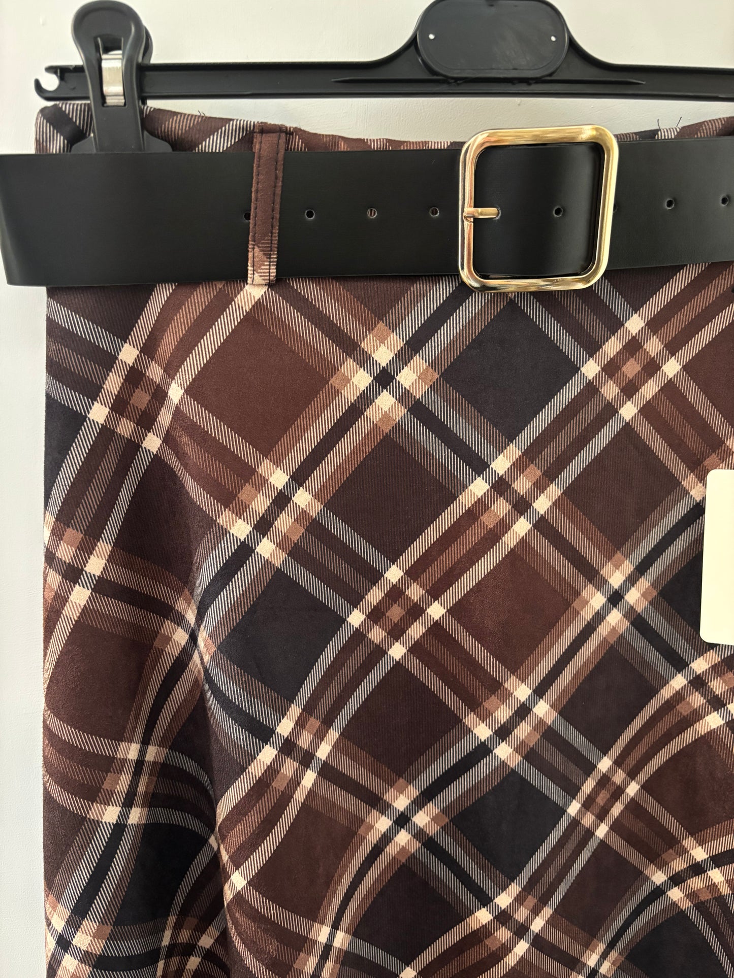 Check Skirt with Belt in Brown