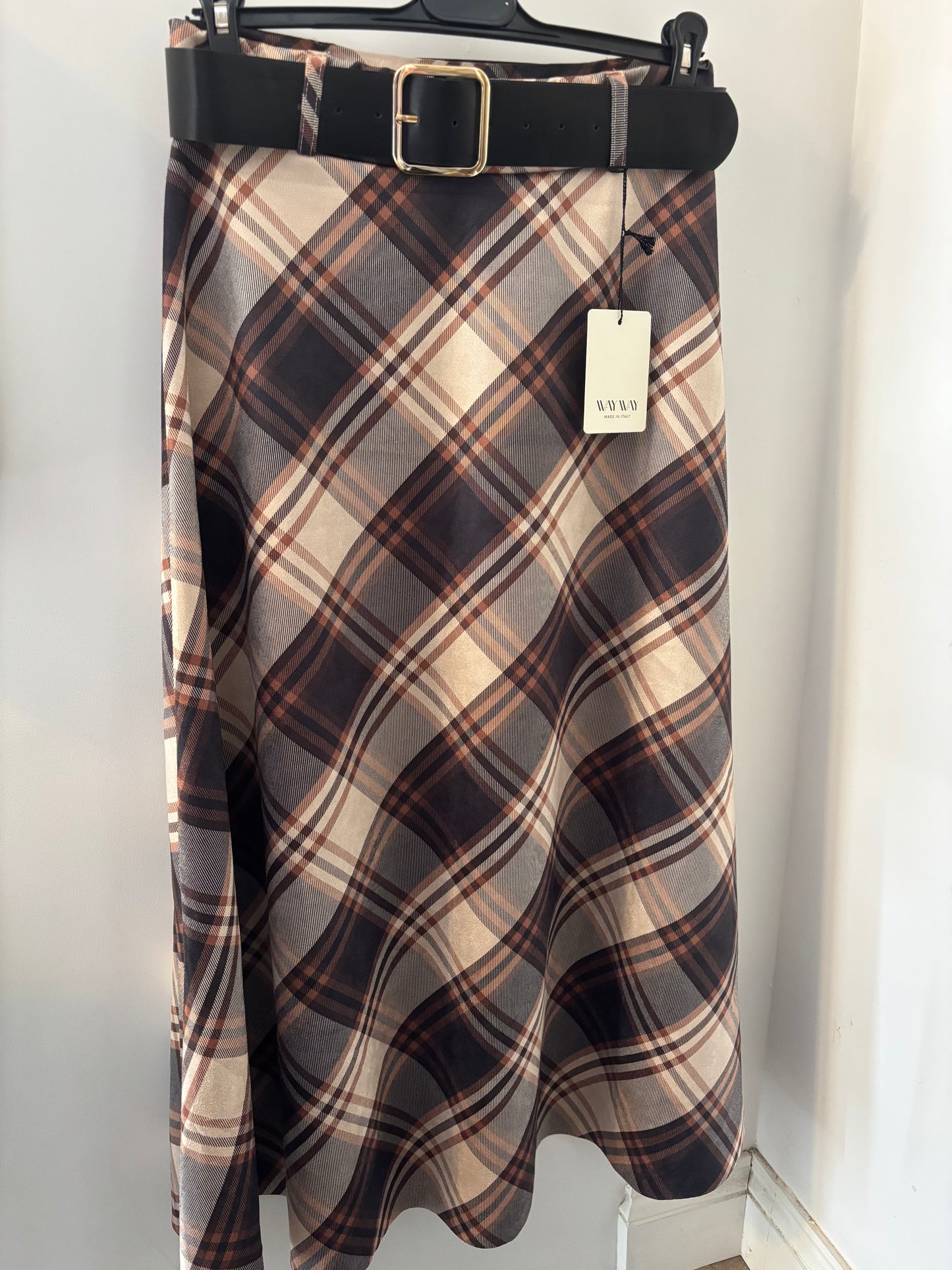 Check Skirt with Belt in Beige