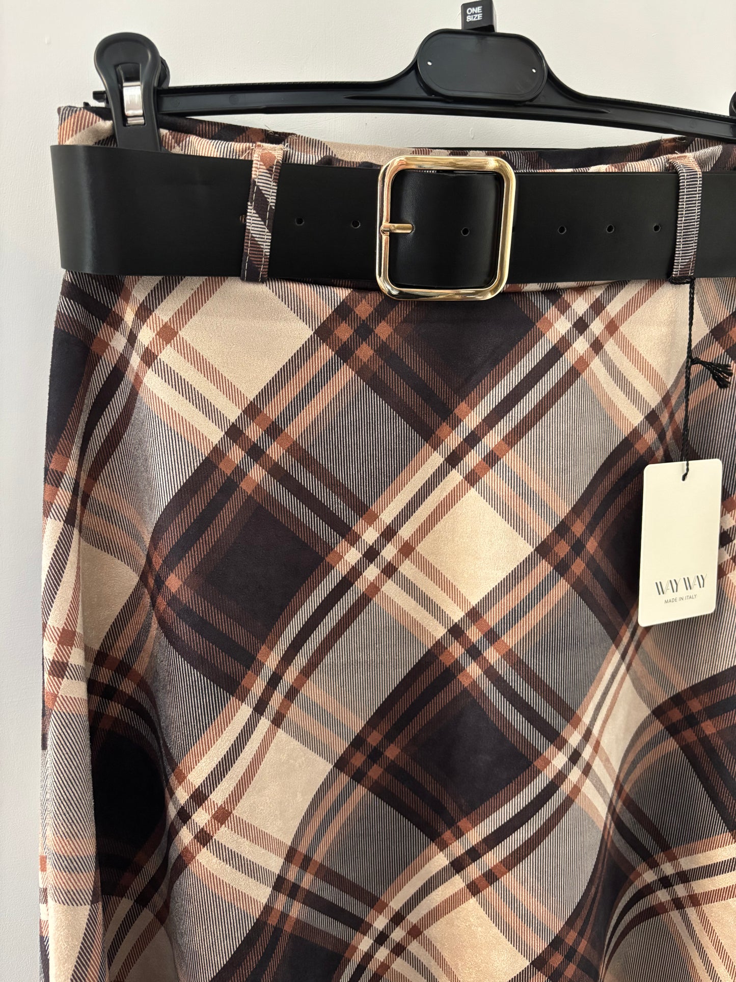 Check Skirt with Belt in Beige