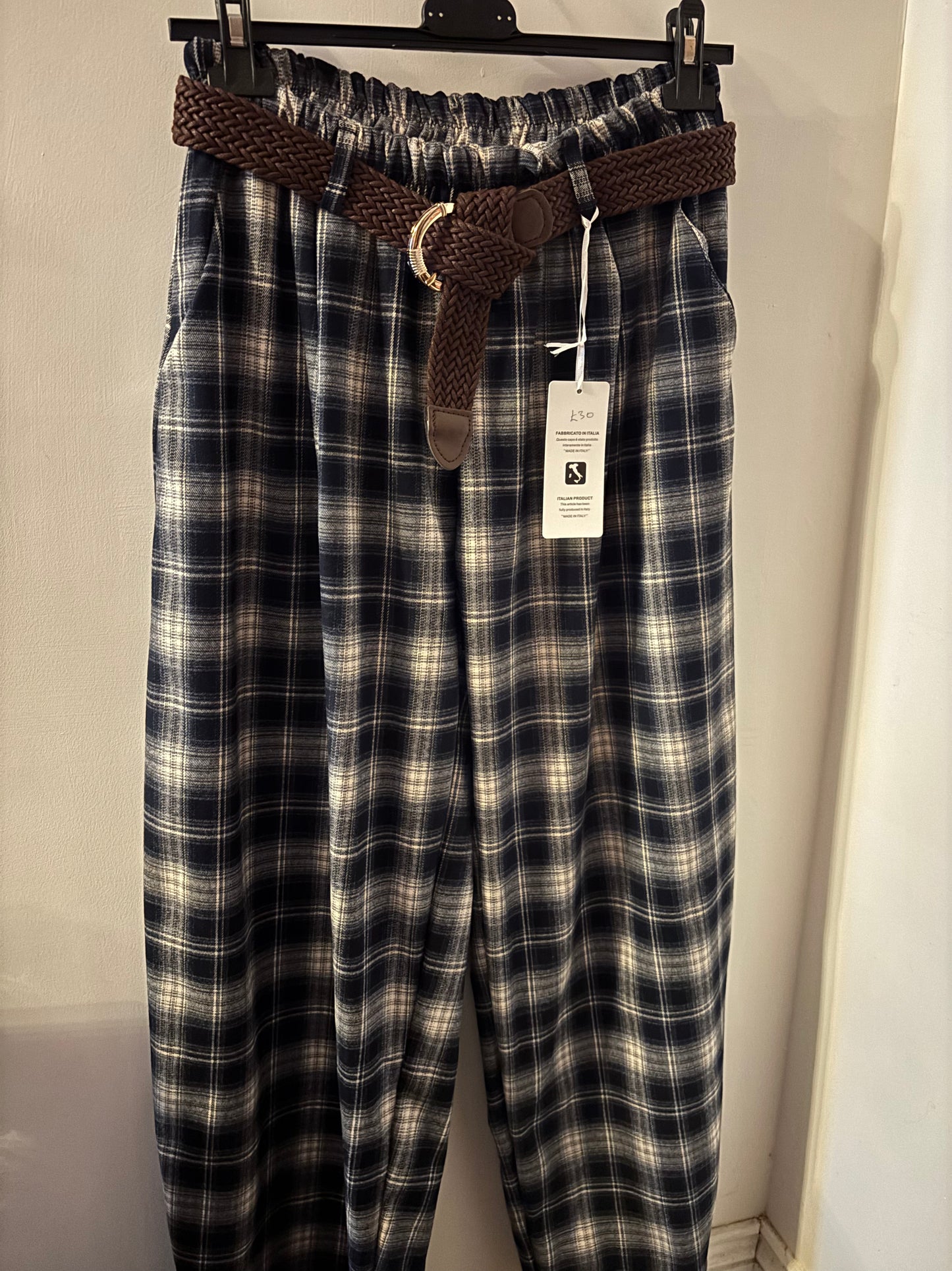 Check Trousers with Belt in Black