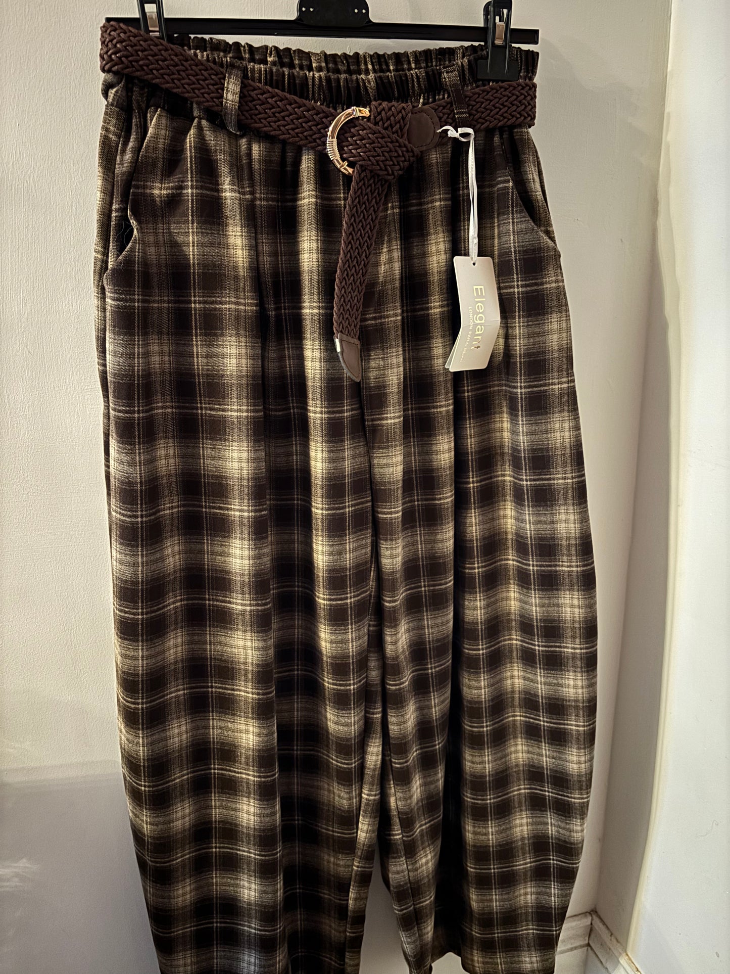 Check Trousers with Belt in Brown