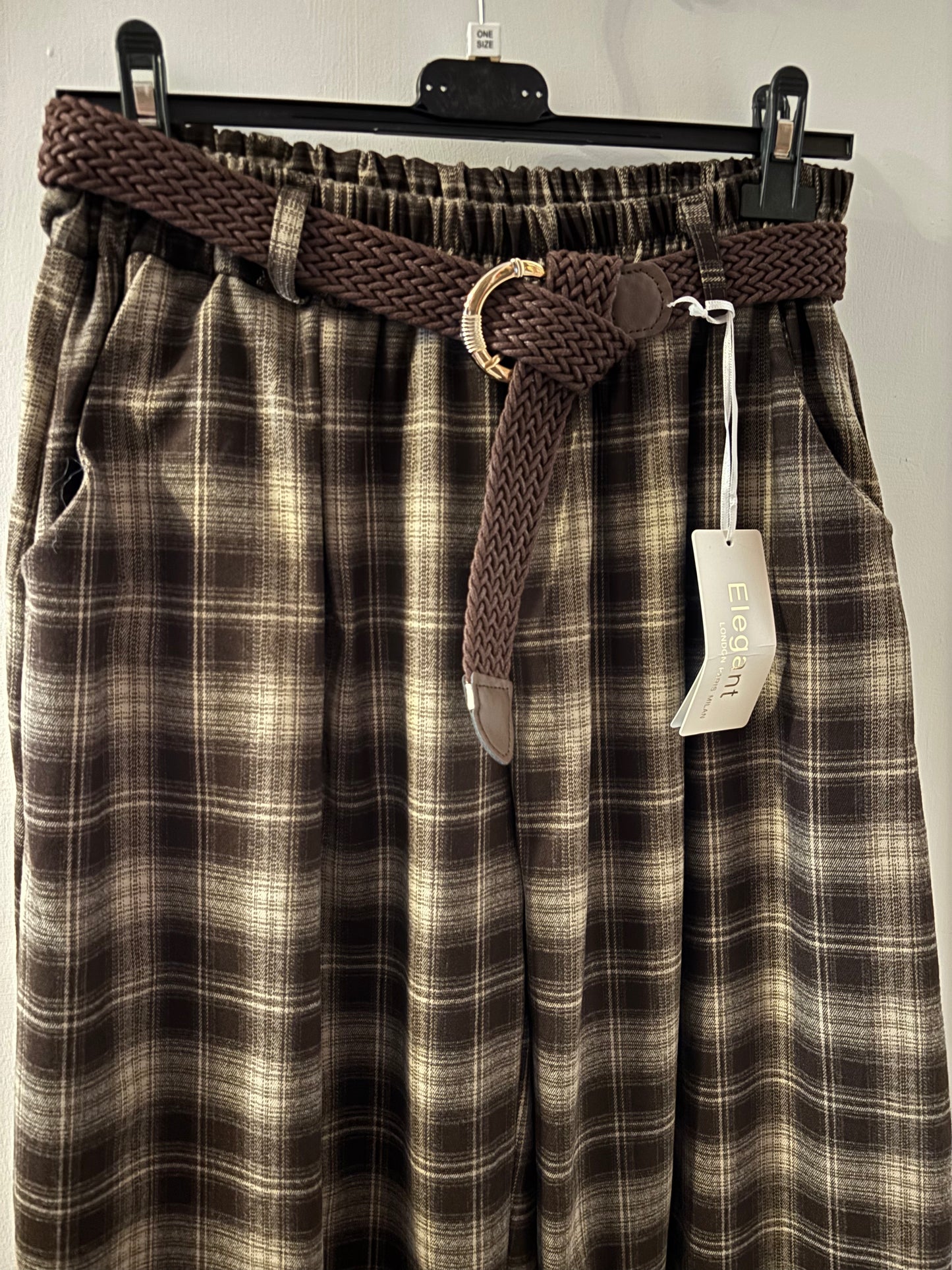 Check Trousers with Belt in Brown