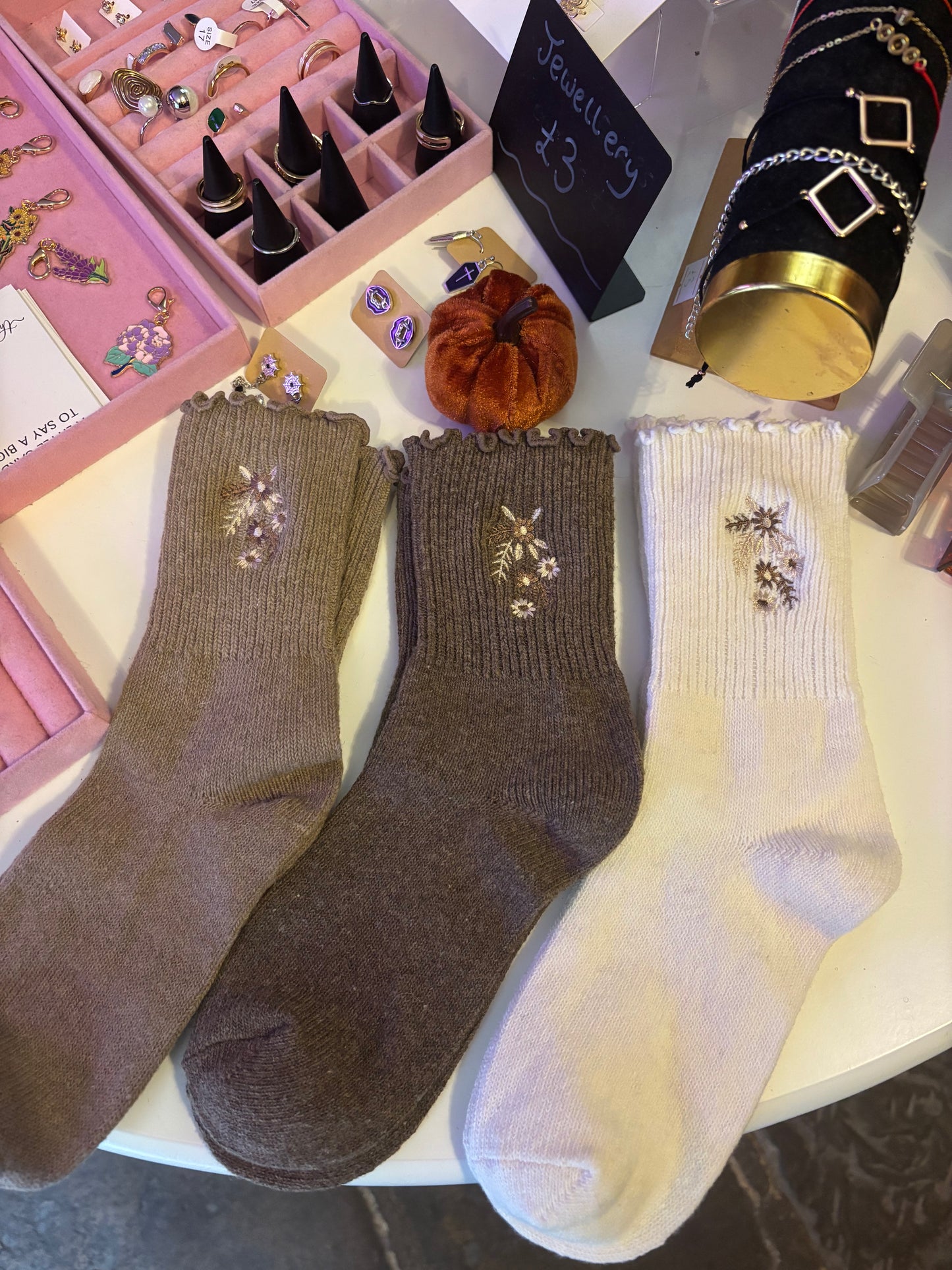 Autumn Floral Socks in Brown, Taupe or Cream