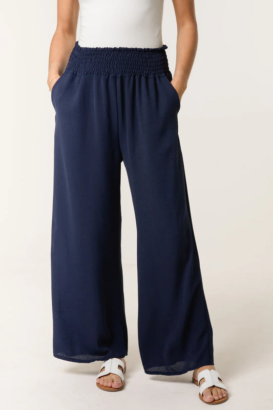 Elasticated Waist Wide Leg Trousers in Navy