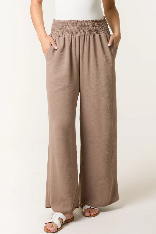 Elasticated Waist Wide Leg Trousers in Mocha