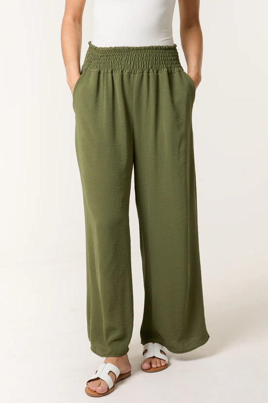 Elasticated Waist Wide Leg Trousers in Khaki