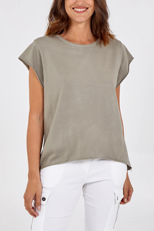 Cap Sleeve High Low Cotton T-Shirt in Taupe