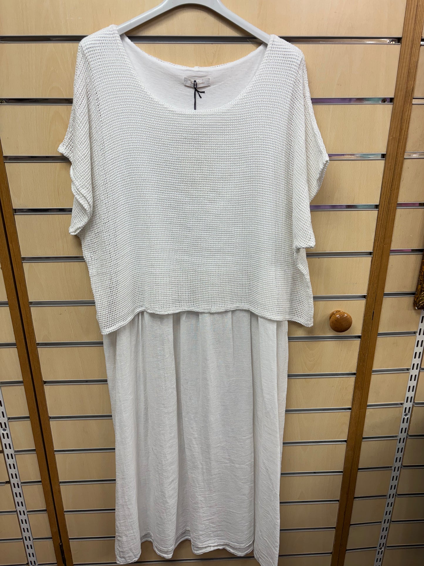 Cotton Midi Dress with Gauze Top in White