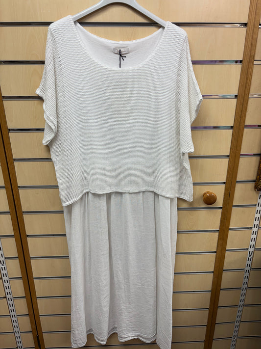 Cotton Midi Dress with Gauze Top in White
