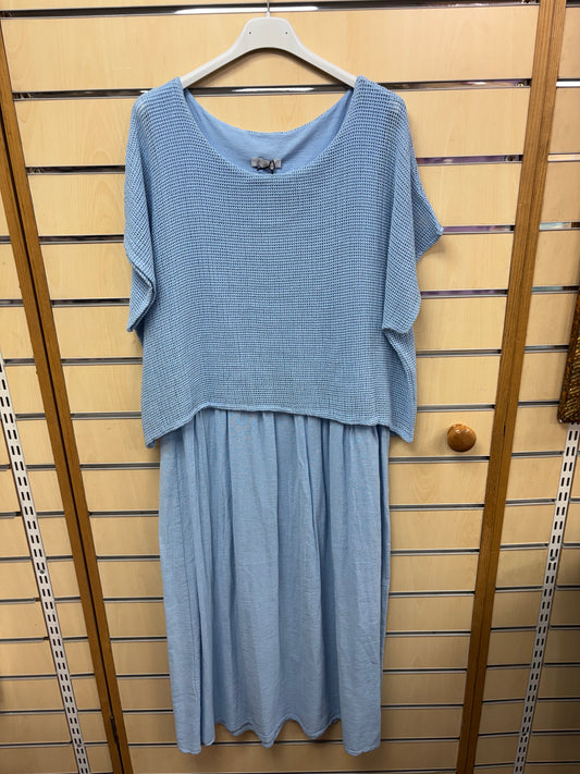 Cotton Midi Dress with Gauze Top in Light Blue