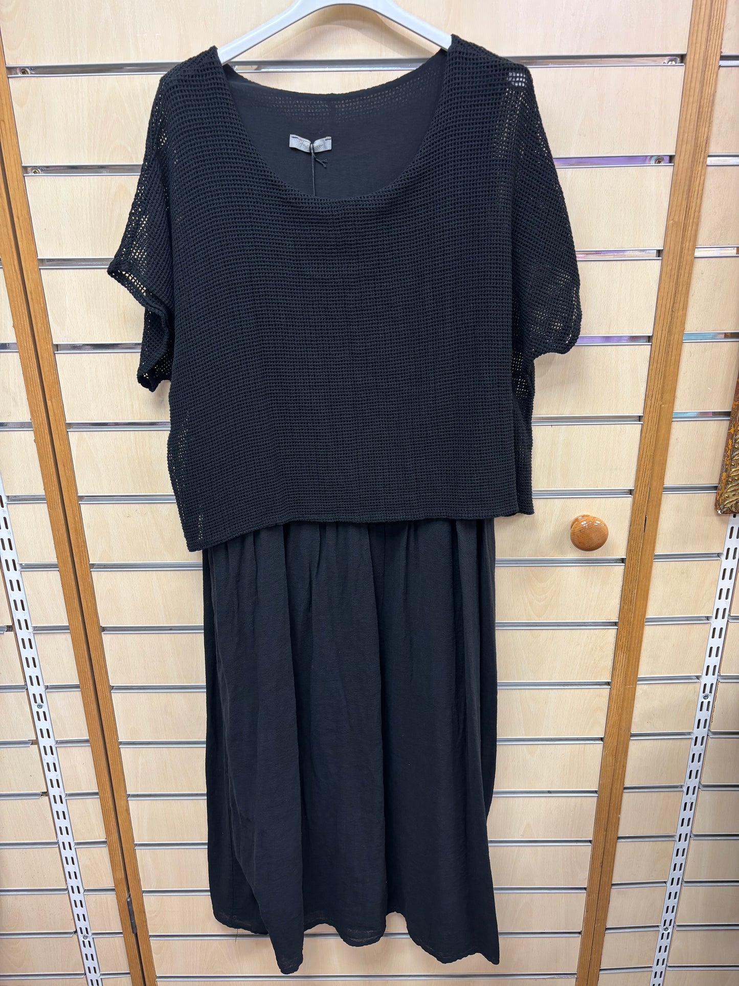 Cotton Midi Dress with Gauze Top in Black