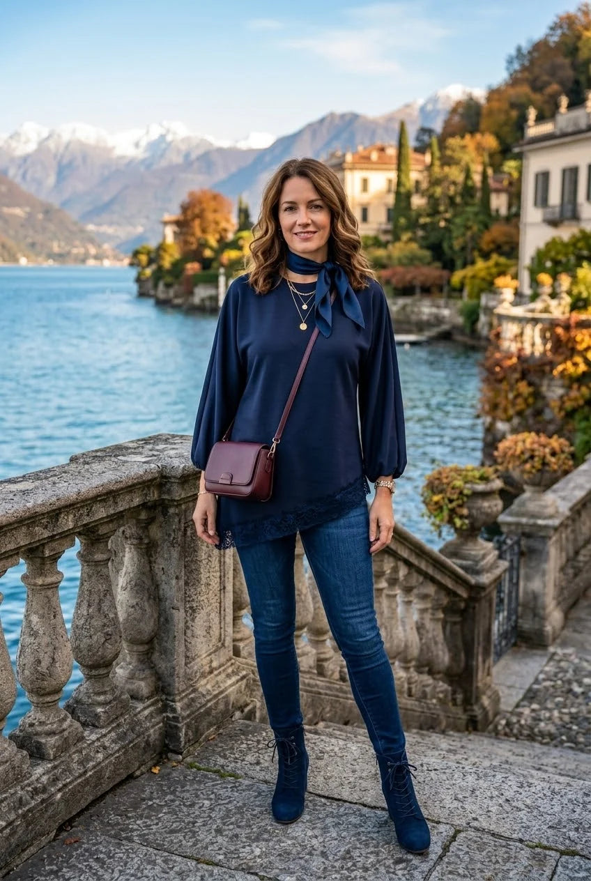 Asymmetrical Lace Trim Balloon Sleeve Top in Navy