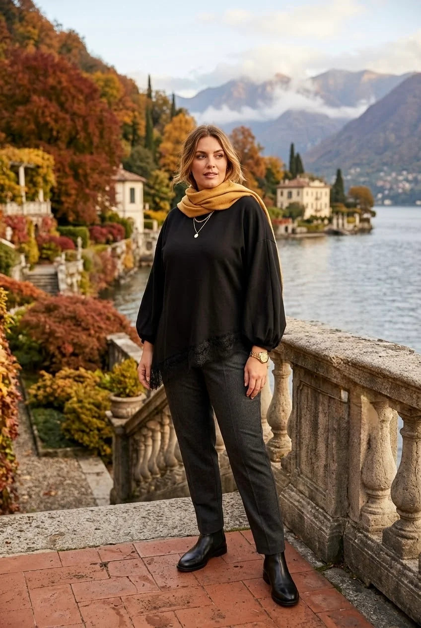 Asymmetrical Lace Trim Balloon Sleeve Top in Black