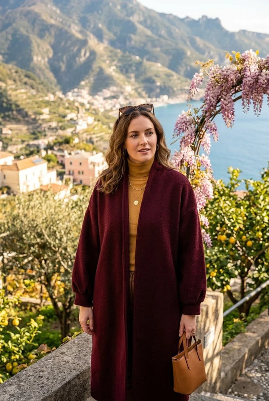 Textured Wool Style Longline Cardigan in Wine