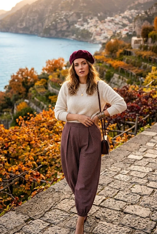 Check Cuff Detail Trousers in Wine