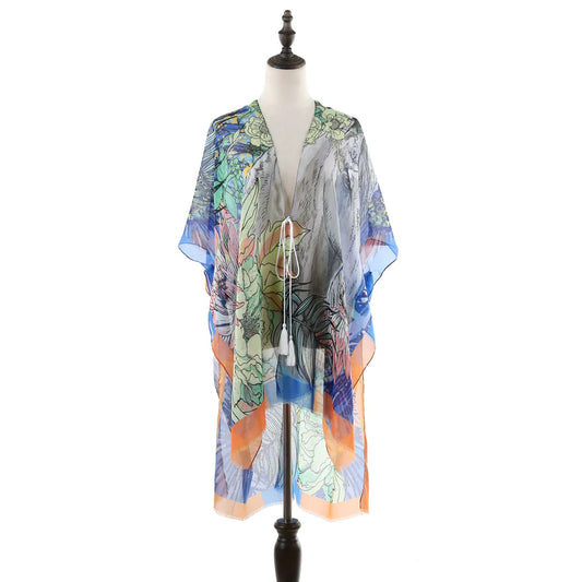 Mixed Leaves Sheer Kimono in Orange