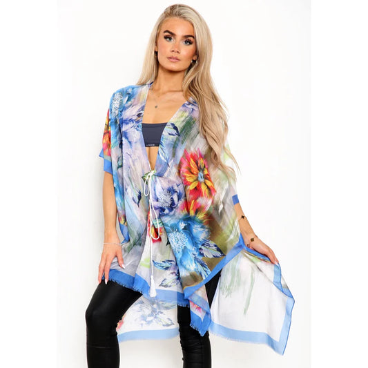 Bright Floral Print Kimono in Blue