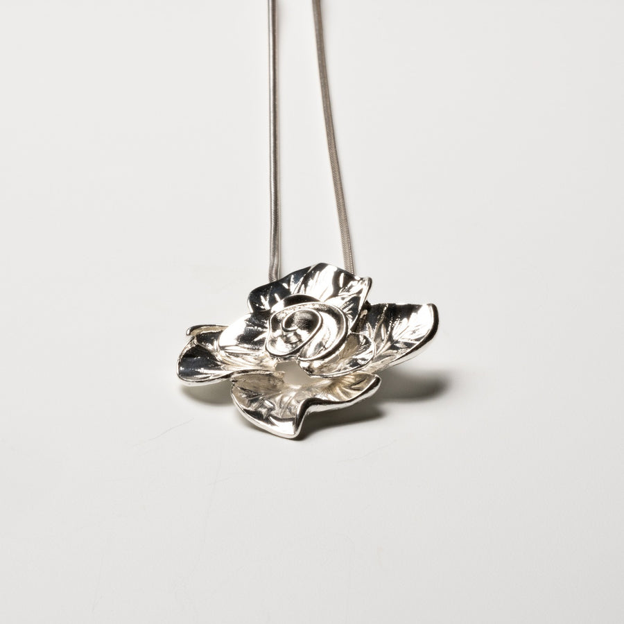 Rose Flower Pendant Long Necklace in Silver Colour