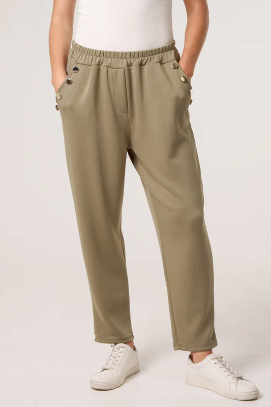 Gold Button Soft Touch Trousers in Khaki