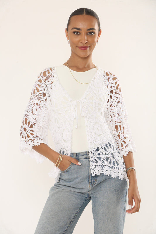 Cotton Crochet Tie Cardigan in White