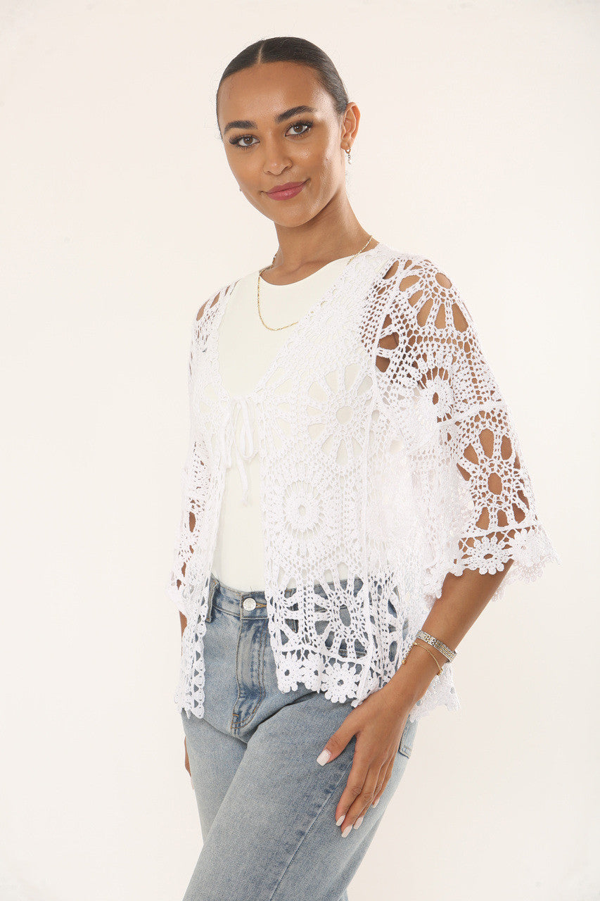 Cotton Crochet Tie Cardigan in White