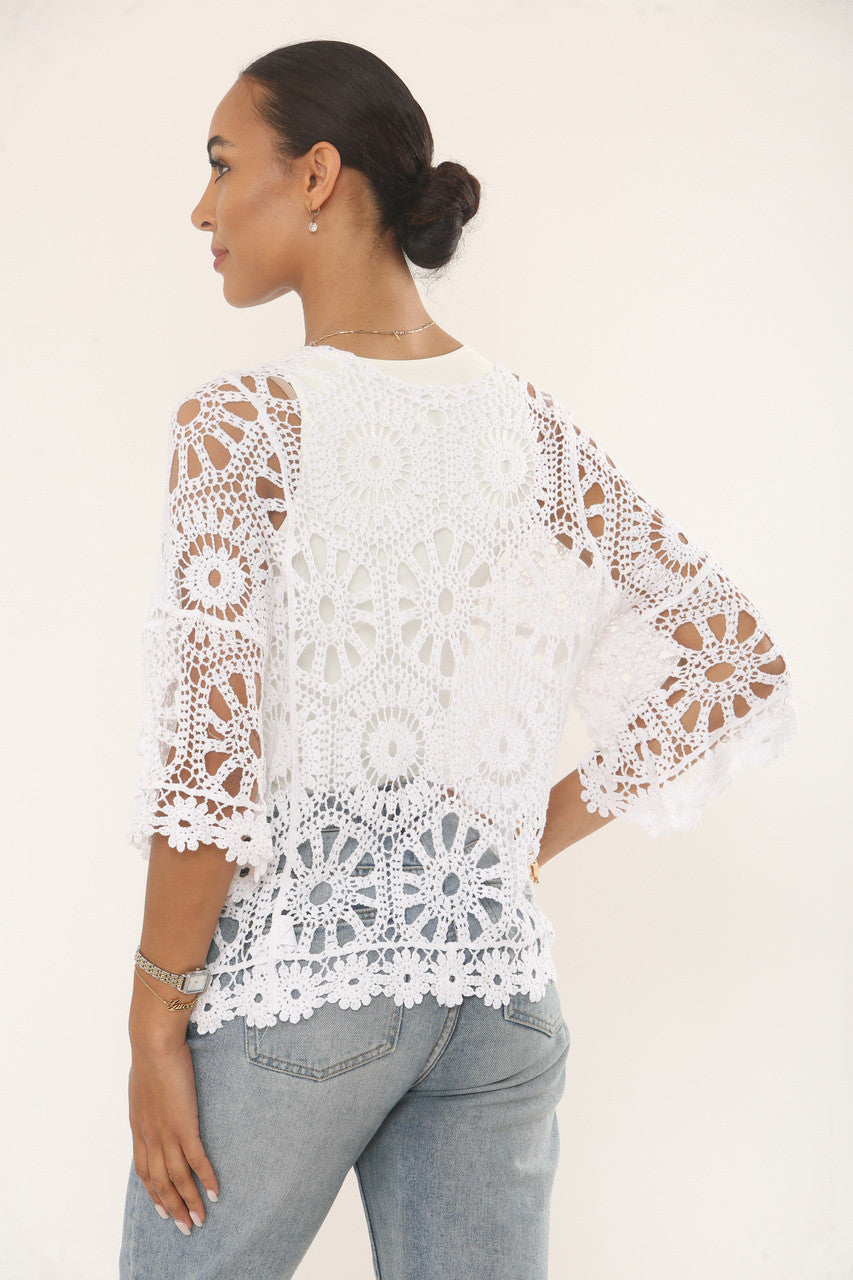 Cotton Crochet Tie Cardigan in White