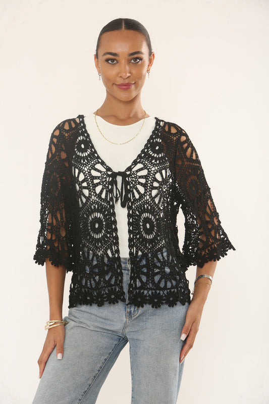 Cotton Crochet Tie Cardigan in Black