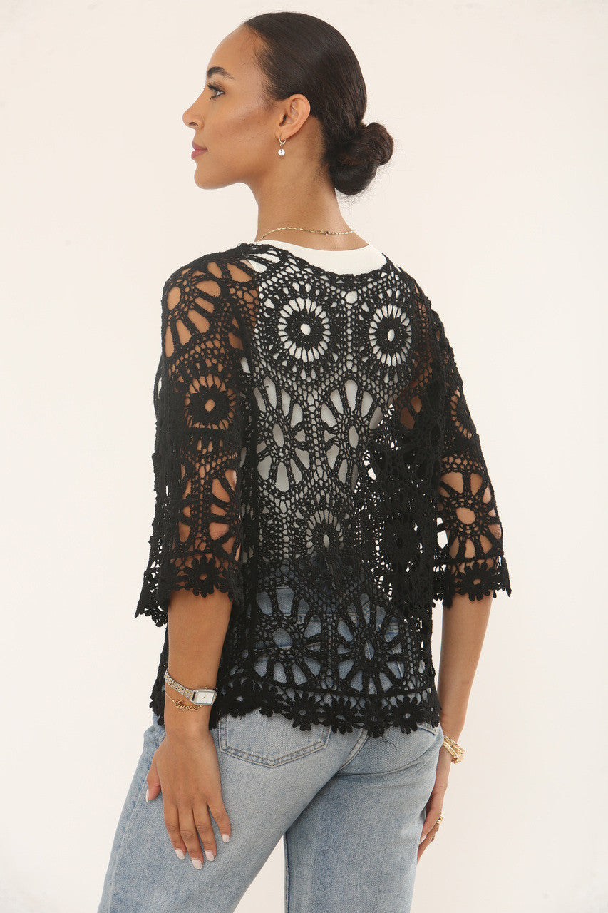 Cotton Crochet Tie Cardigan in Black